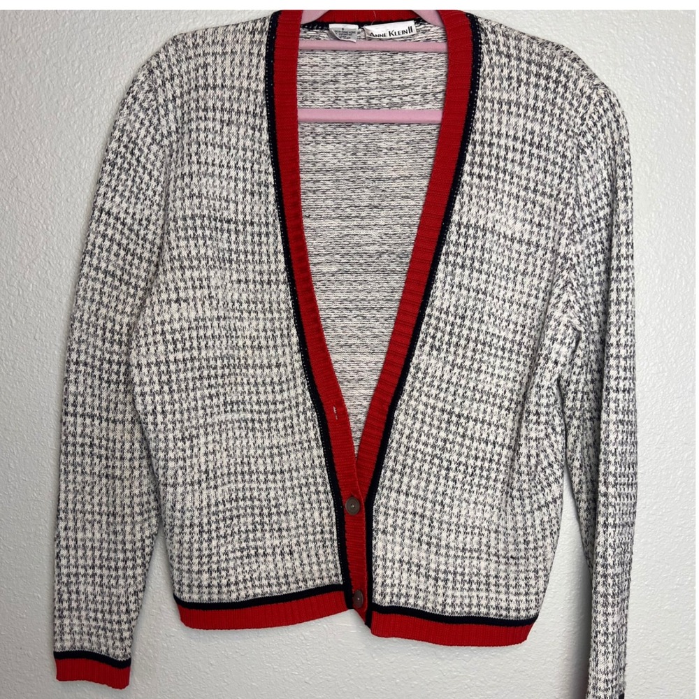 Vintage 80s–90s Anne Klein II Houndstooth Cardigan Sweater —‎ Red Trim, Size S